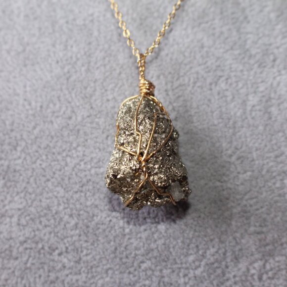 Raw Pyrite Wire-Wrapped Pendant Necklace - Picture 2 of 4